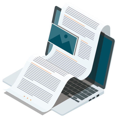 Symbolbild: Blog. Laptop mit Schriftseite. 500x500